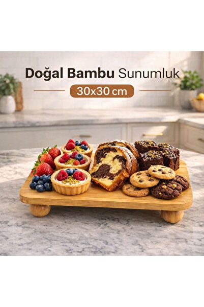 CİHO Bambu Top Mantar Ayaklı Kare Sunumluk 30x30 cm – Şık Pasta & Tatlı Servi...