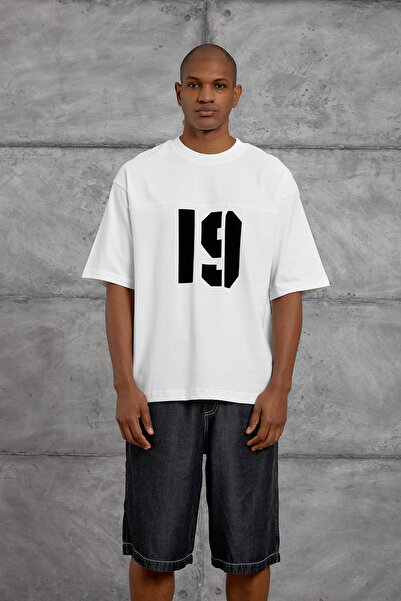 NOMARC Tricou supradimensionat alb cu imprimeu 19