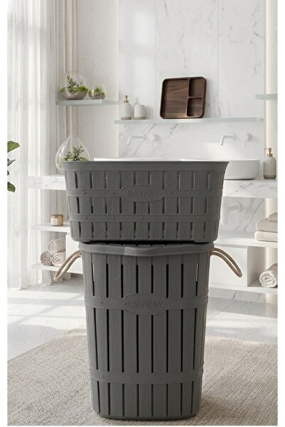 Buclee 64 Lt + 40 Lt Antrasit Kirli Çamaşır Sepeti ve Temiz Çamaşır Selesi Se...