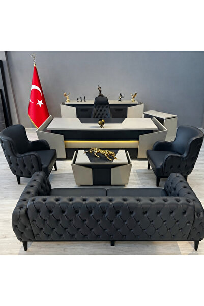 ENG OFİS MOBİLYALARI DOLUNAY MODERN MAKAM TAKIMI ANTRASİT/KREM UYUMU