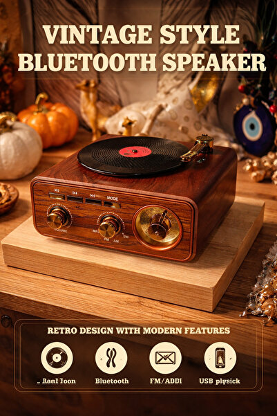 Atak Hediyelik Retro Bluetooth Hoparlör Ahşap Tasarım | FM/AM , USB, AUX Dest...