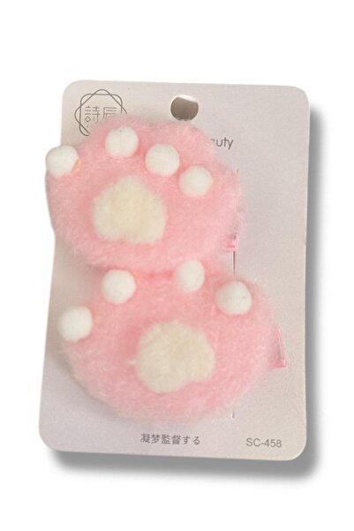 Monivera Fluffy Paw Figured Pink White Color 6 cm Double Children's Hair Clip...