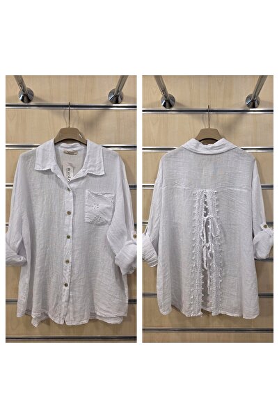 Park Moda Ιταλικό λευκό λινό πουκάμισο με δαντέλα στην πλάτη