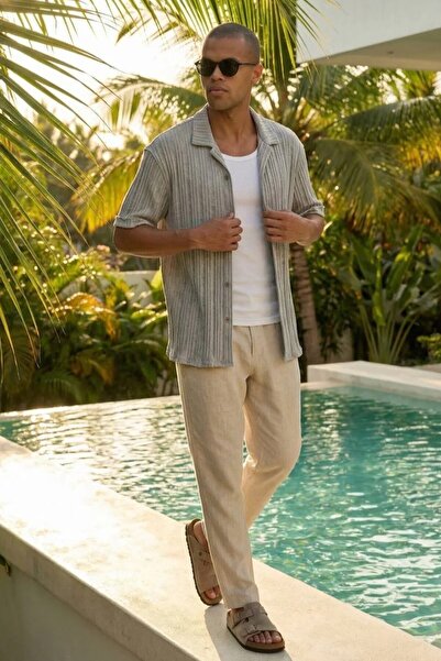 MADZEYMODA Cămașă gri cu mânecă scurtă, tricotată jacquard, pentru bărbați LS...