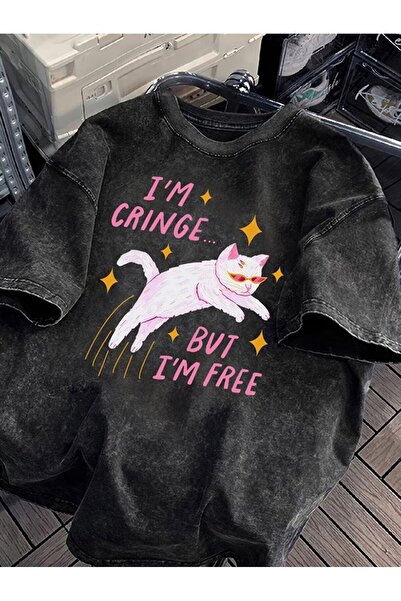 Le Savu Tricou oversize vintage, lavabil, unisex, cu imprimeu I'M Cringe