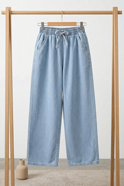 FERHEL Women's Elastic Waist, Pockets, Loose Fit, Wide Leg Jeans - Baby Blue