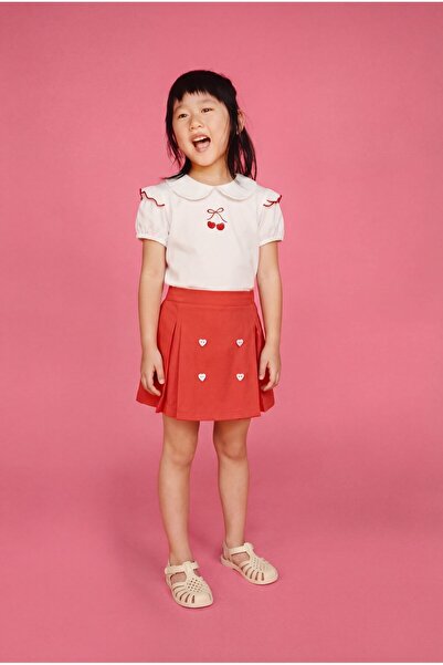 Magu Girl's Cotton Ecru Cherry Embroidered Blouse Skirt Set