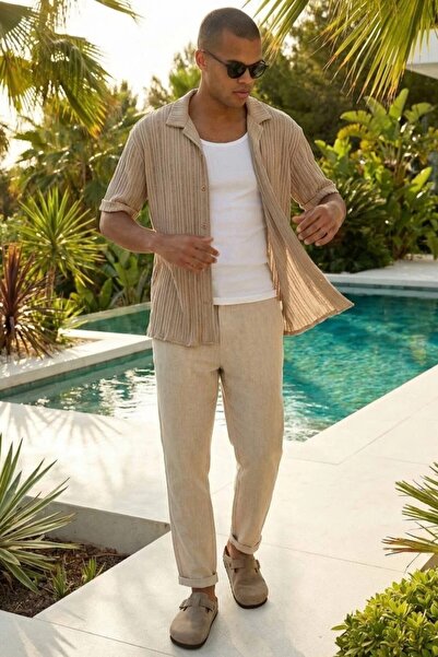 MADZEYMODA Ανδρικό πλεκτό κοντομάνικο μπεζ πουκάμισο ζακάρ LS-19219