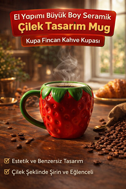 DİVAYS El Yapımı Büyük Boy Seramik Çilek Tasarım Mug Kupa Fincan Kahve Kupası