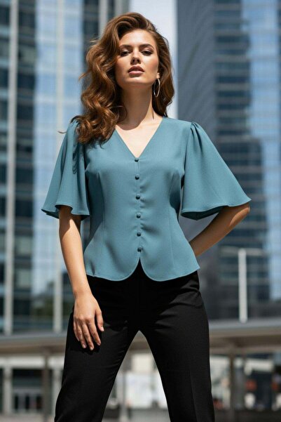 Mossta Button Detailed, Flounce Sleeved, Stylish Imported Crepe Blouse - Turq...