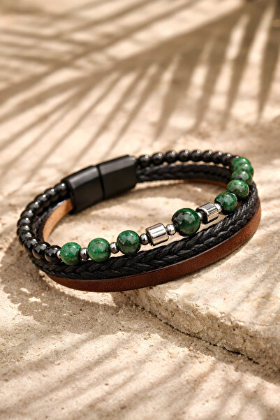 NBS Beautiful Naturel Stones Erkek Deri Bileklik Malahit ,Kaplan , Hematit Ta...