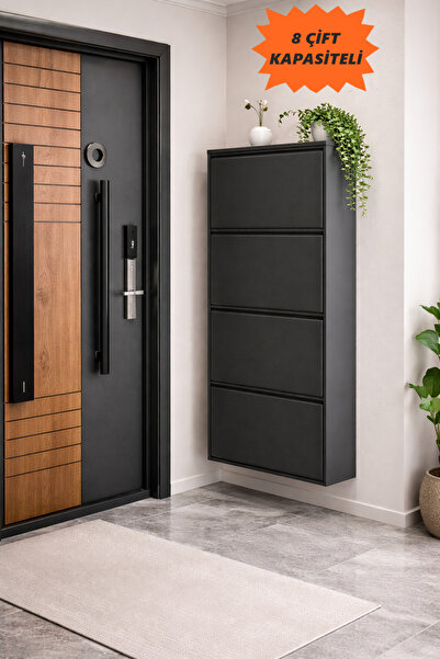 Flinder Metal 4 Kapaklı Antrasit Ayakkabılık, (KURULUM GEREKTİRMEZ), 8 Çift A...