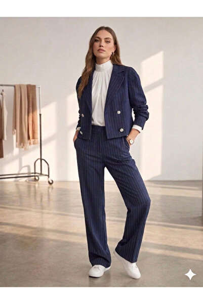 QUBERZ Γυναικείο Σετ 3 τεμαχίων σε Μπλε-Μαύρο-Βυσσινί με ρίγες: Σακάκι, Παντε...