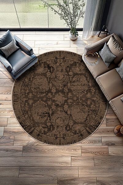 BigArts Home Kahverengi Şönil Kilim Desenli Salon Mutfak Halısı Yuvarlak Yoll...