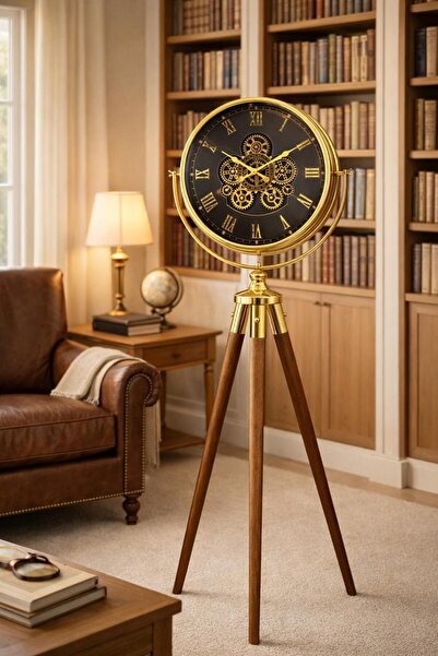 MARS CONCEPT 169 Cm Çarklı Tripod Ayaklı Dekoratif Saat -Siyah Kadran, Gold M...