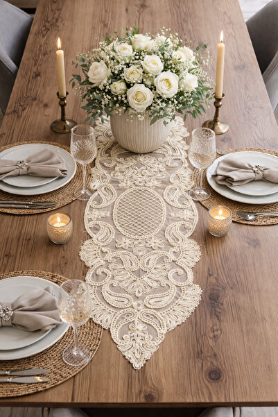 Lena Maison Luna Krem Dantel Runner /Masa-Konsol Örtüsü 35x105 cm