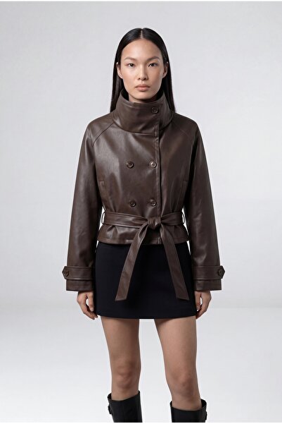 MEECY ψηλός λαιμός Τεχνητό δέρμα καμπαρντίνα