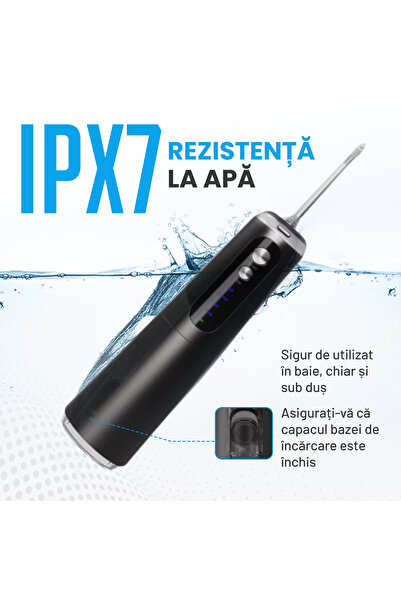 WOYA Irigator bucal pentru dus oral WP01, 4 moduri, 5 capete, IPX7, rezervor de 280 ml, Negru