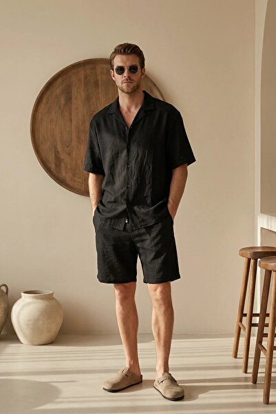 MADZEYMODA Ανδρικό κοντομάνικο πουκάμισο & σορτς, μαύρο σετ λινό (μπλούζα και...