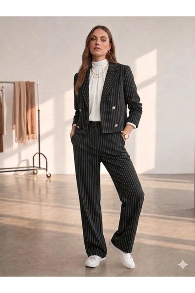 QUBERZ Γυναικείο Σετ 3 τεμαχίων σε Μπλε-Μαύρο-Βυσσινί με ρίγες: Σακάκι, Παντε...