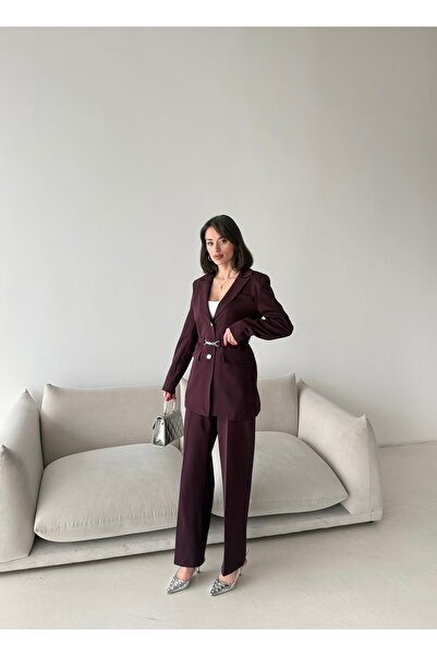 Female Clothing Kelepçe Kemer Detay Blazer Ceket Bol Paça Pantolon Takım