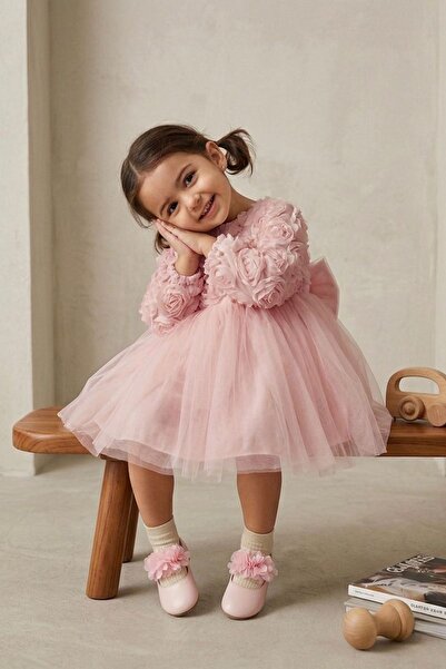 Minigimin Cicileri My Little Girl's Rose Patterned Long Sleeve Evening Dress ...
