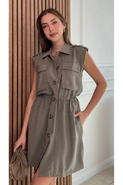 CGA Γυναικείο φόρεμα πουκάμισο με επωμίδες και διπλές τσέπες, φόρεμα χακί