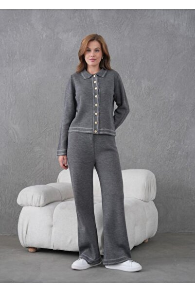 fuşyha butik Long Sleeve Polo Collar Button Detailed Knitwear Top and Bottom Set