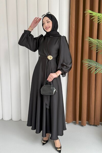 MERVE TESETTÜR Broş Detaylı Premium Kumaş Saten Tesettür Abiye