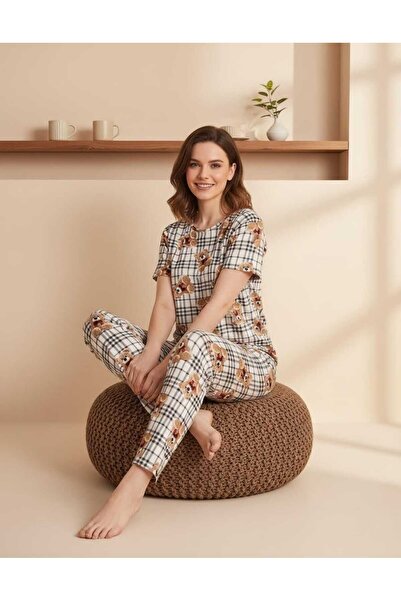 NiCe İç Giyim Γυναικείο σετ πιτζάμες με λαιμόκοψη ποδηλάτου, καρό, κρεμ καφέ,...