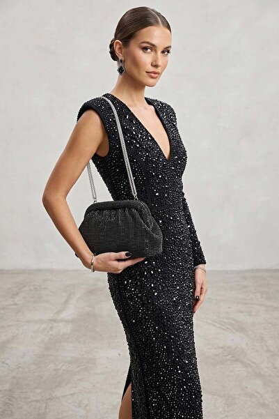 Ayakkabı Fuarı Elit PM37058 Γυναικεία Πέτρινη Βραδινή Τσάντα Φόρεμα Μαύρη