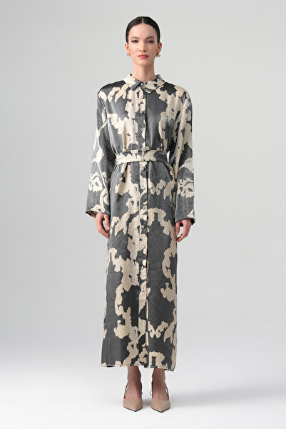 tugfashion Neris Desenli Elbise Gri-Bej