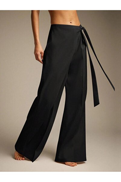 Afri Pantaloni Palazzo negri pentru femei, cu talie înaltă, cu șireturi, cu p...