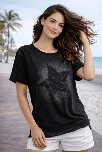 citystyle Women's Black Round Neck Casual Star Printed Shoulder Mesh Washable...