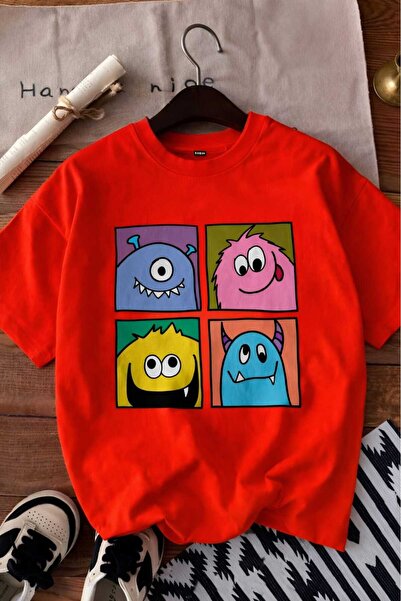 E-ROMA Cute Monster Printed Unisex Children's T-Shirt 6Gh4