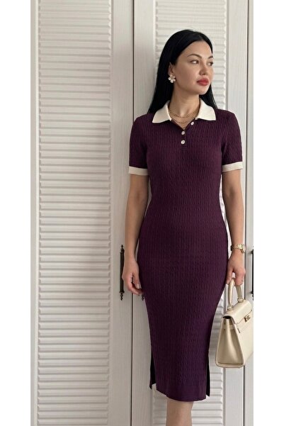 ABBA Κοντομάνικο Πλεκτό Φόρεμα Μίντι με Απαλή Υφή Δαμασκηνί