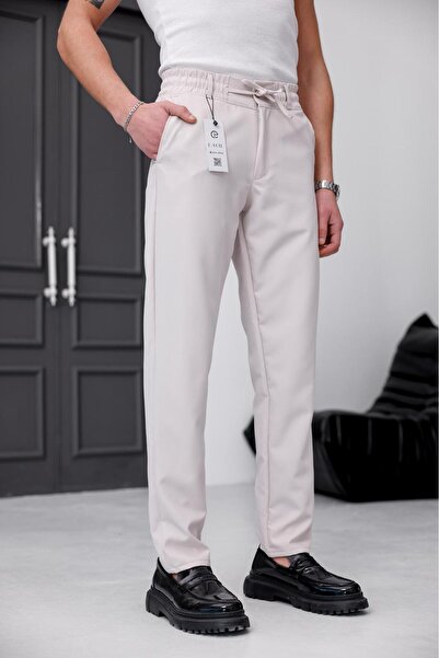 MODAMESTO Men's Beige Relaxed Fit Elastic Waist Lace-Up Jogger Fabric Trouser...