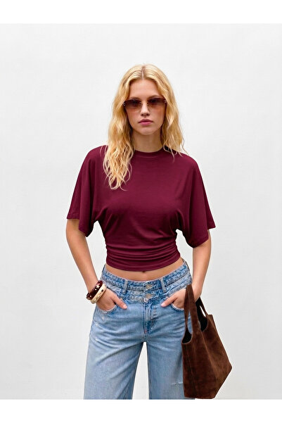 SevdeUgur Tricou de damă cu guler rotund și mâneci largi, roșu claret