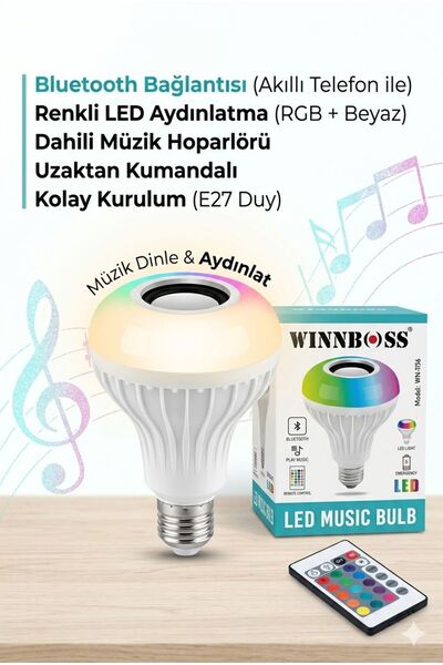 WINNBOSS WN-1156 Bluetooth Hoparlörlü LED Ampul | Kumandalı RGB Işık + Müzik ...