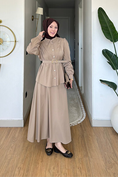 Tesettür Diyarı Δόσα Τανσέλ Υφασμάτινη Φούστα με Ζώνη-Πουκάμισο Σετ Τεσεττούρ...