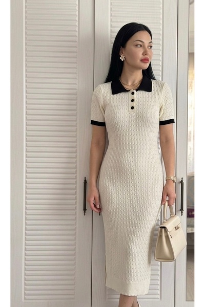 ABBA Κρέμα πλεκτού φορέματος με κοντό μανίκι, μήκους midi, με απαλή υφή