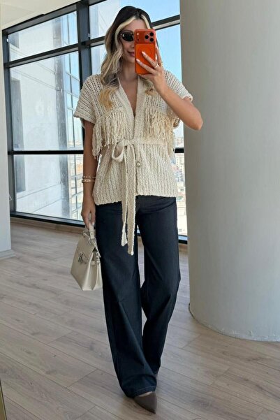 Lijuri Püskül ve Kuşak Detaylı Gold Düğmeli Merserize Yelek 5207