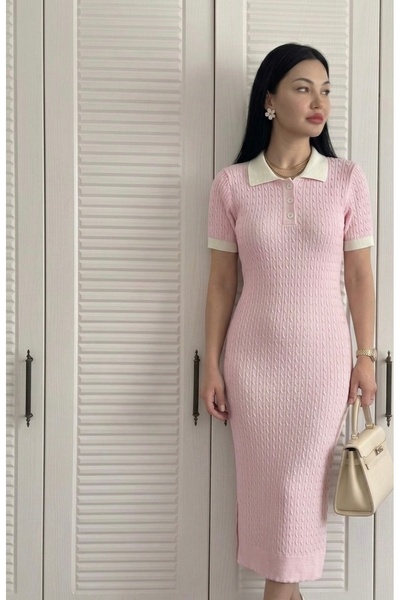 ABBA Κοντομάνικο Πλεκτό Φόρεμα Μίντι με Απαλή Υφή σε Ροζ Πούδρα