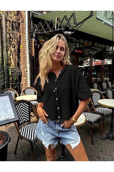 banessa Women's Knitwear Basic Short Sleeve Cardigan