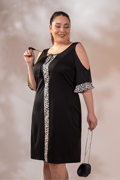 Roxxlen Γυναικείο φόρεμα με λεπτομέρεια ώμου σε μεγάλο μέγεθος μαύρο