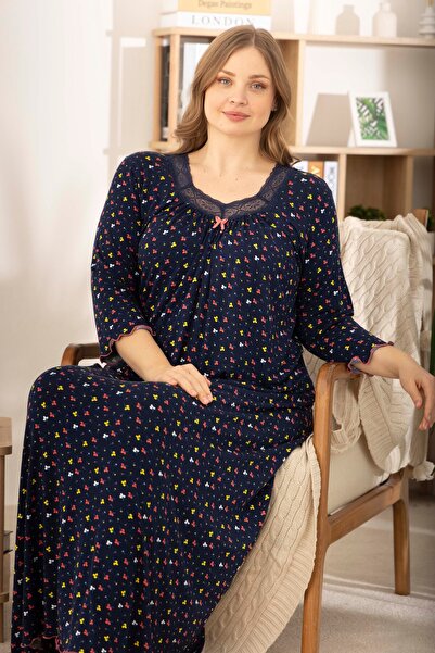 Navy Blue Flower Patterned Ring Viscose Three Quarter Sleeve Plus Size Dress
