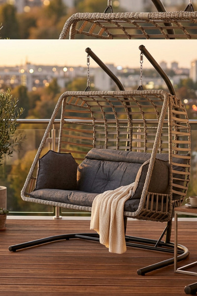 KalyonHome Gardeniza Salina Çift Kişilik Bahçe Salıncağı Ayaklı Rattan Balkon Teras Gri