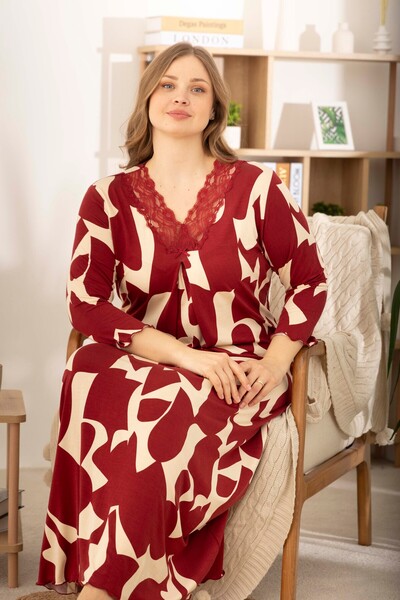 Miss Meryem Krem Bordo Desenli Ring Viskon Üç Çeyrek Kol Büyük Beden Elbise