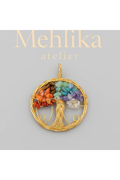 mehlika atelier Renkli Doğal Taş Yaşam Ağacı Kolye Ucu - Altın Renk