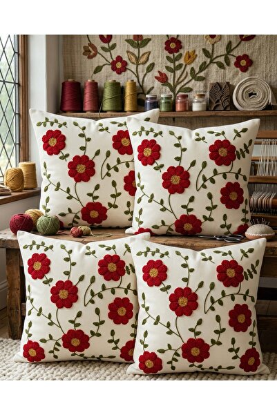 menesahome Red Floral Patterned Punch Embroidery Look Digital Printed Bohemia...